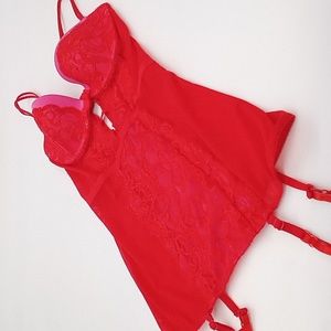 Victoria's Secret Rhinestone Push-Up Mesh Lace Garter Slip Red Pink 34C